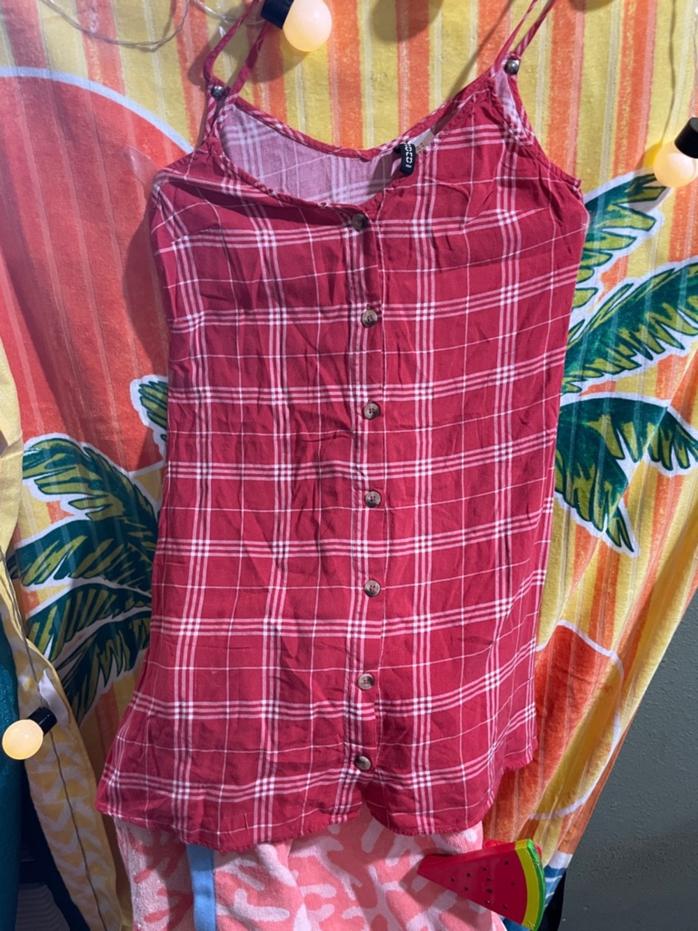 H&M Red Plaid Button-Front Slip Dress